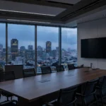 Empty executive conference room at dusk with a large wall-mounted television screen and a city skyline beyond floor-to-ceiling windows