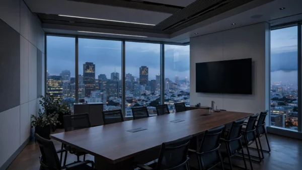 Empty executive conference room at dusk with a large wall-mounted television screen and a city skyline beyond floor-to-ceiling windows