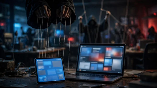 Shadowy puppeteer hands pulling strings above a laptop and tablet glowing with news feeds in a dark newsroom, symbolising covert influence operations
