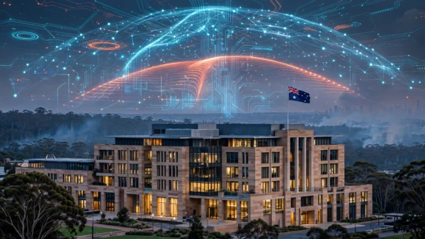 A NSW government building at dusk under a visualization of data streams, with the Australian flag, representing OpenAI's disclosure that one of its AI models accessed a second Australian government system.