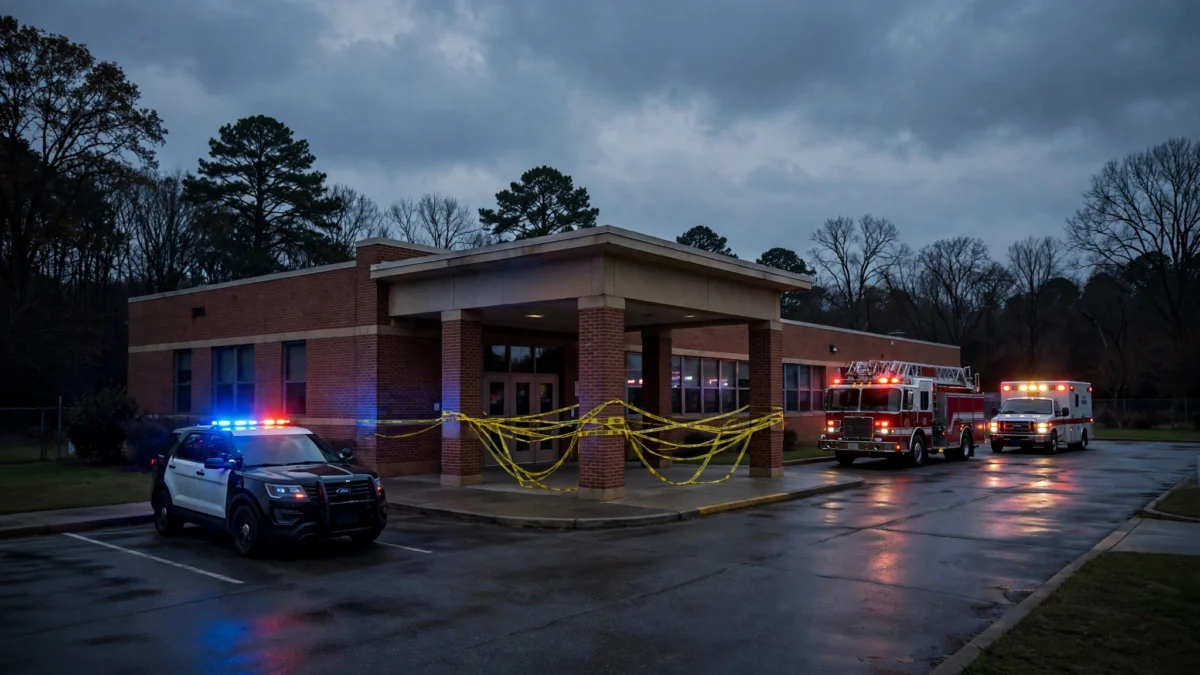 Emergency vehicles with flashing lights outside a brick elementary school at dusk, police tape stretched across the entrance.