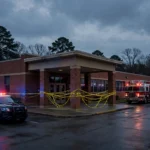 Emergency vehicles with flashing lights outside a brick elementary school at dusk, police tape stretched across the entrance.