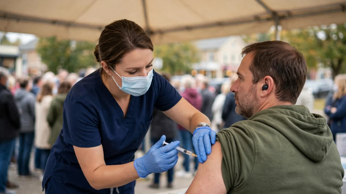 A healthcare worker administering a vaccination shot at an outdoor community clinic in Pennsylvania