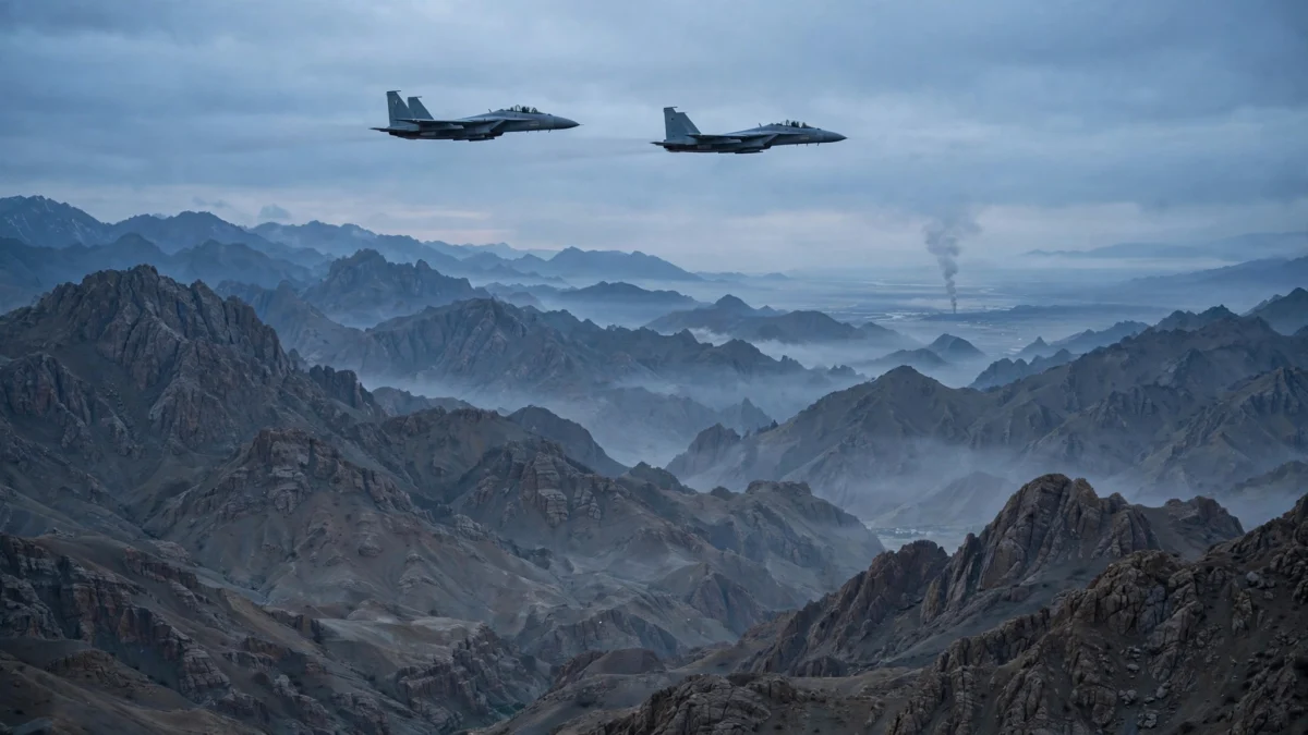 Two military fighter jets flying over rugged Afghan mountains with a distant plume of smoke on the horizon