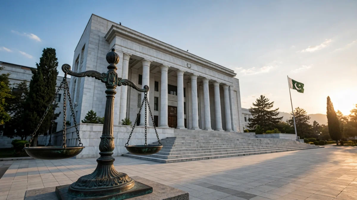 The columned facade of a Pakistani courthouse in Islamabad with a bronze scales-of-justice statue in the foreground and the Pakistani flag flying at sunset