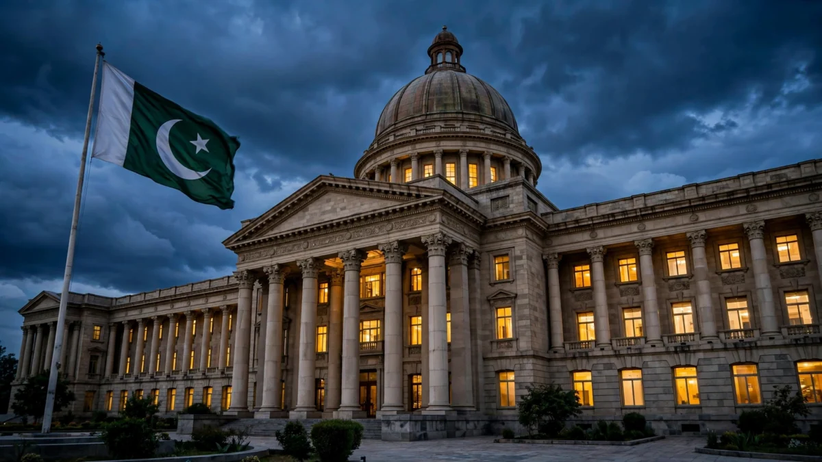 A grand domed government building with tall columns at dusk, the Pakistani flag flying from a tall flagpole in front, under a dark stormy sky