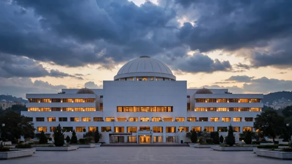 Pakistan's Parliament House in Islamabad at dusk, its white domed building lit against a cloudy evening sky