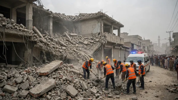 Rescue workers in orange vests clearing rubble at the collapsed Al-Khair Education Centre school in Peshawar, Pakistan, with an ambulance nearby.