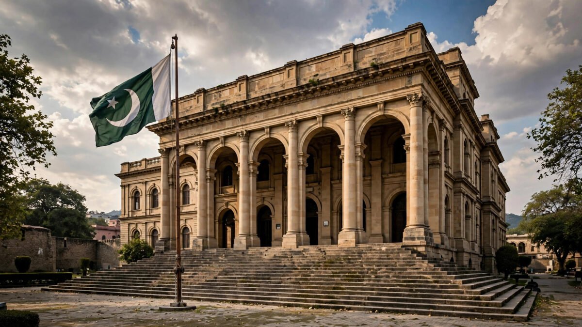 Colonial-era Peshawar High Court building facade with the Pakistani flag flying in front