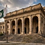 Colonial-era Peshawar High Court building facade with the Pakistani flag flying in front