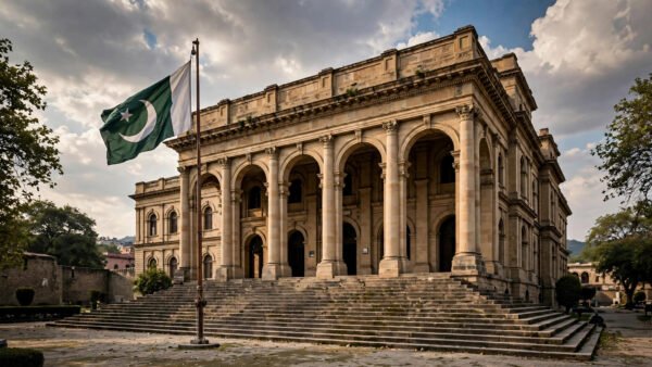Colonial-era Peshawar High Court building facade with the Pakistani flag flying in front