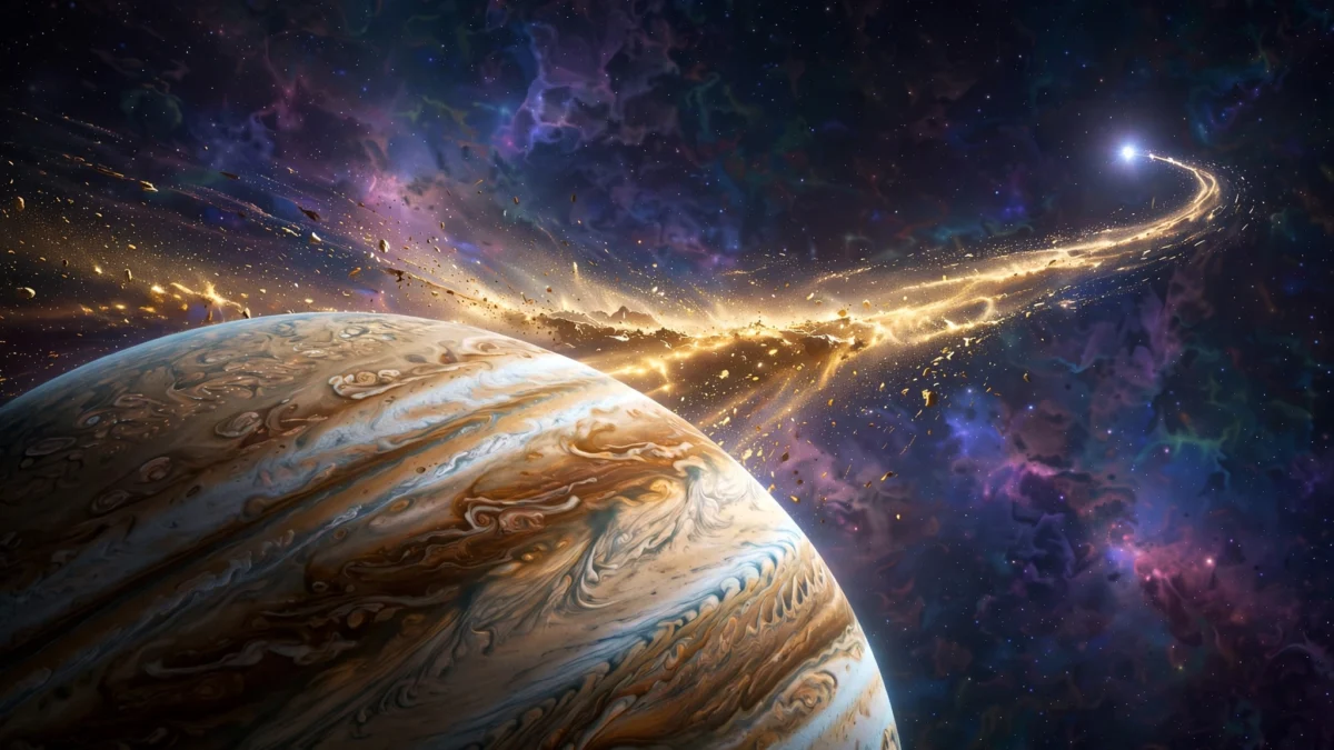 An artist's impression of a Jupiter-like gas giant planet orbiting a small white dwarf star, with a glowing stream of debris flowing between them