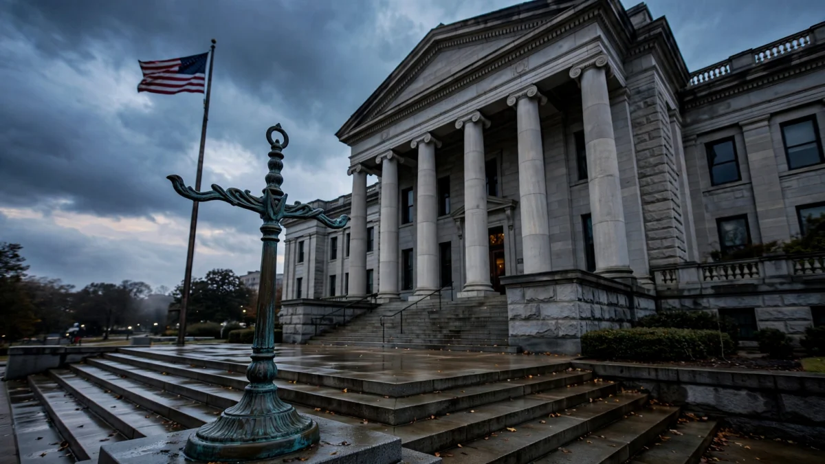 Stone courthouse steps with tall columns under a stormy dusk sky, an American flag flying at left and a bronze lamppost ornament in the foreground, symbolising the reopened Christa Pike lethal-injection case in Tennessee