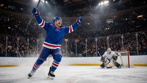 A New York Rangers player in blue celebrating a goal under the floodlights at Madison Square Garden during the 6-2 NHL win over the Vancouver Canucks.