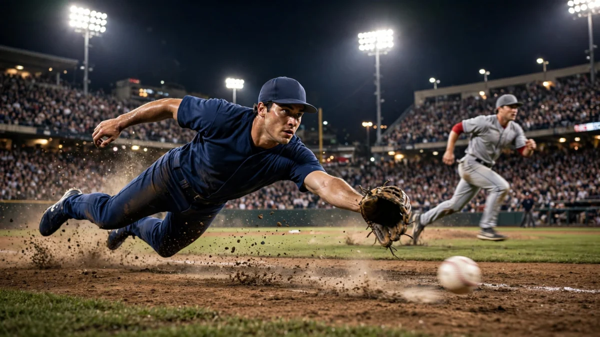 A baseball infielder diving for a ground ball at night under stadium floodlights, as a baserunner sprints toward the base during a playoff game