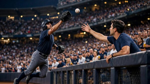 A left fielder leaps at the outfield wall under the floodlights of a packed stadium during a night playoff game as a spectator in a navy-blue shirt reaches over the fence for the same baseball