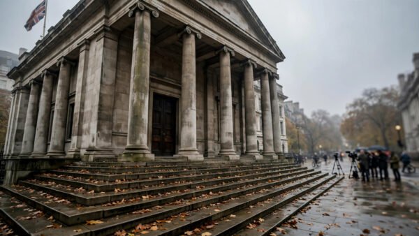 Stone facade and steps of a London courthouse on a grey autumn morning, with journalists and camera tripods gathered outside during Russell Brand's trial.