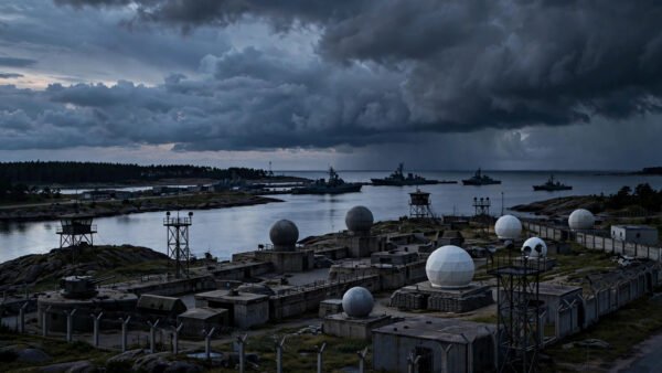 Fortified Russian coastal military installation on the Baltic Sea at dusk, with warships and radar domes under dark storm clouds