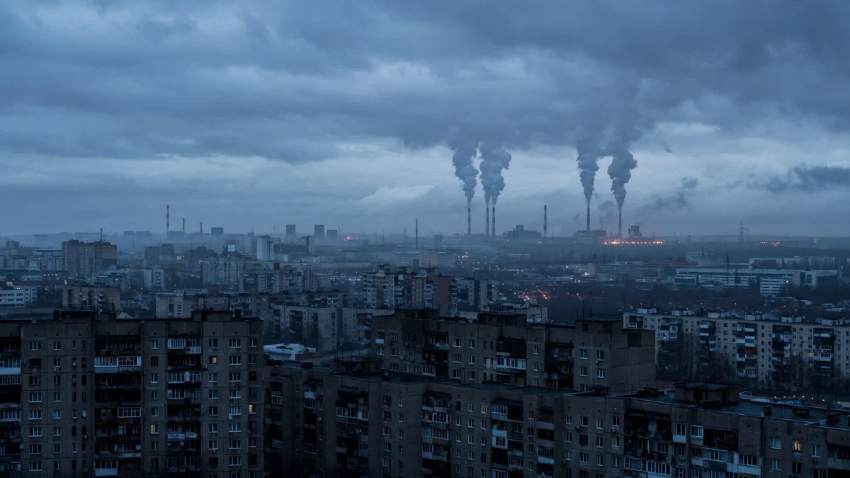 Kyiv city skyline at dawn under heavy cloud, with tall smoke columns rising from power plant chimneys on the outskirts and dark apartment blocks in the foreground