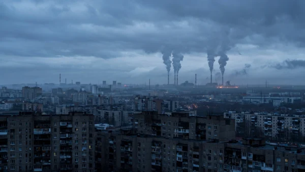 Kyiv city skyline at dawn under heavy cloud, with tall smoke columns rising from power plant chimneys on the outskirts and dark apartment blocks in the foreground