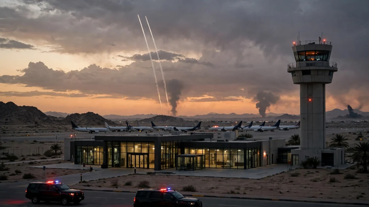 A regional airport terminal with control tower and parked aircraft at dusk, with missile contrails and distant smoke columns on the horizon