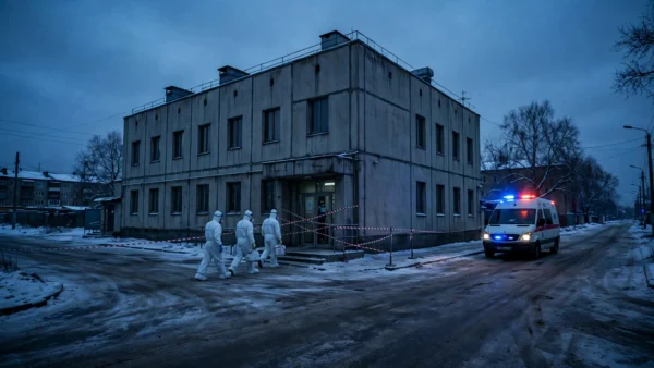 Workers in white hazmat suits at a cordoned-off district hospital in a Siberian town at dusk, with an ambulance flashing lights, during a quarantine after a laboratory worker's death.