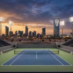 Floodlit tennis arena at dusk in Riyadh with desert skyline beyond, empty court glowing under stadium lights