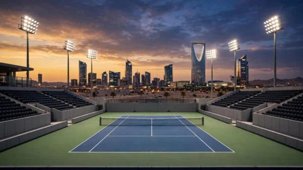 Floodlit tennis arena at dusk in Riyadh with desert skyline beyond, empty court glowing under stadium lights