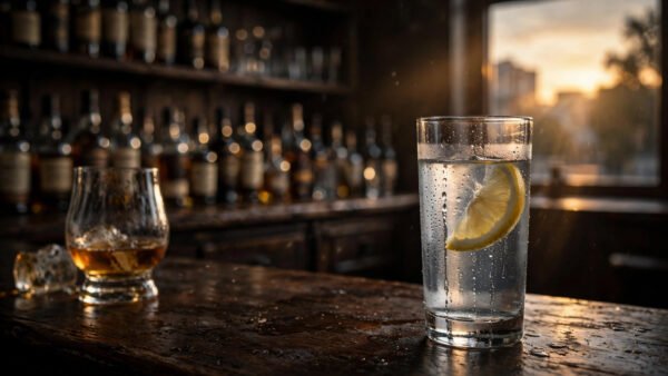A tall glass of clear water with a lemon slice on a bar counter, a whisky glass pushed aside in the blurred background, symbolising Sober October.