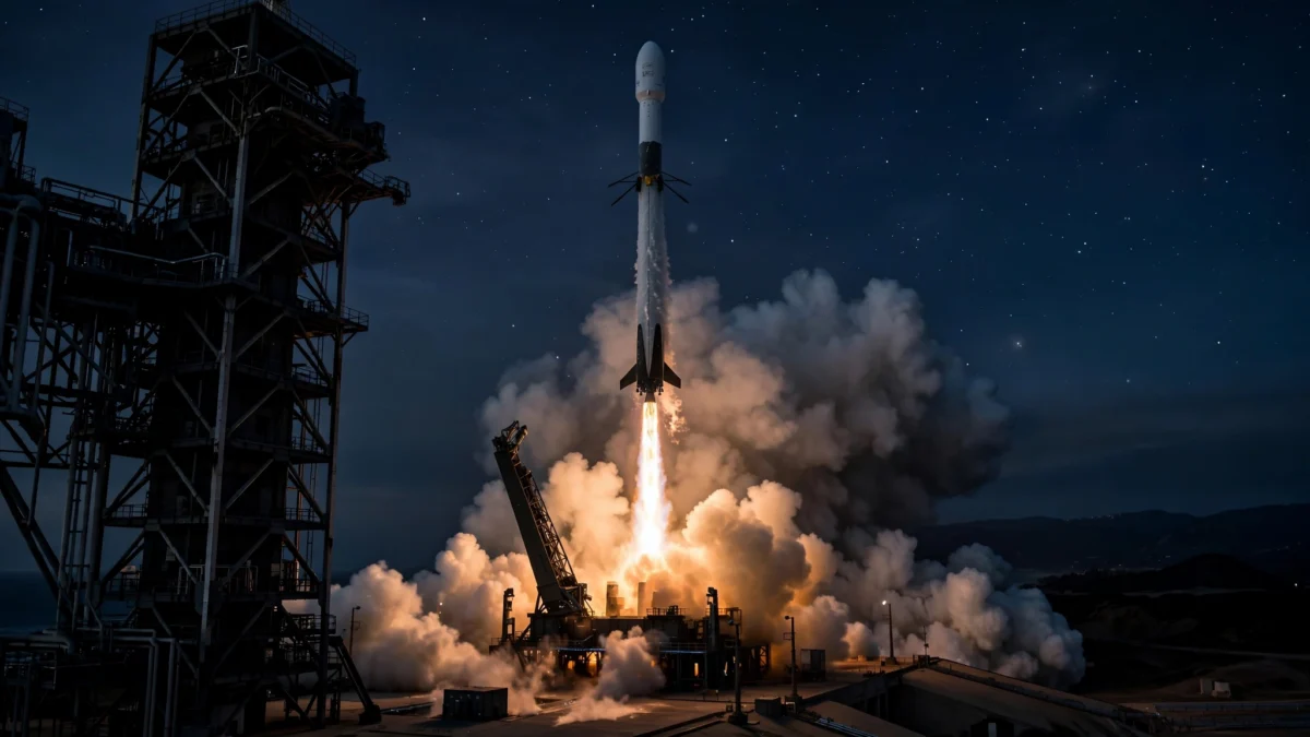 A SpaceX Falcon 9 rocket lifting off at night from Vandenberg Space Force Base carrying 21 US Space Development Agency data-transport satellites into orbit.