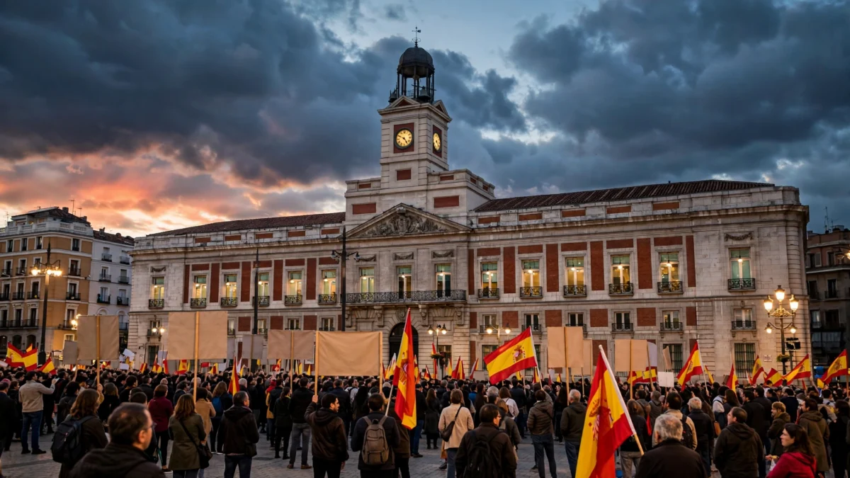 Protesters waving Spanish flags in Madrid's Puerta del Sol at dusk, during the housing crisis that triggered Spain's snap election call