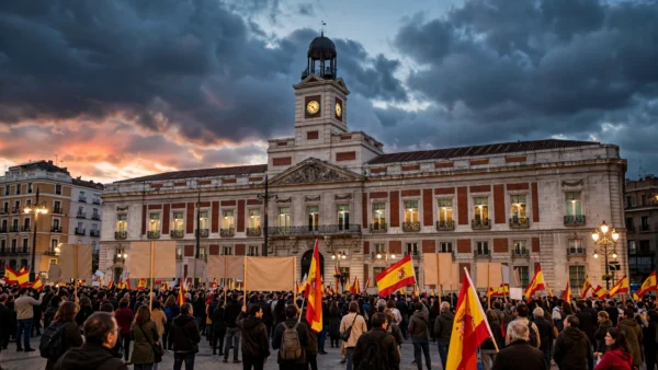 Protesters waving Spanish flags in Madrid's Puerta del Sol at dusk, during the housing crisis that triggered Spain's snap election call