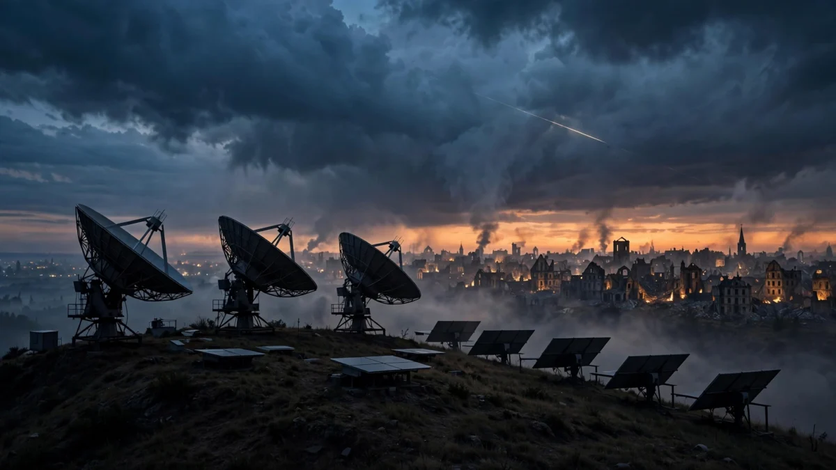 Satellite dish array and Starlink terminals silhouetted on a hilltop at dusk with a smoke-damaged city skyline and a satellite streak in the sky — editorial illustration of Ukraine's throttled Starlink connection during Russia's bombardment