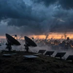 Satellite dish array and Starlink terminals silhouetted on a hilltop at dusk with a smoke-damaged city skyline and a satellite streak in the sky — editorial illustration of Ukraine's throttled Starlink connection during Russia's bombardment
