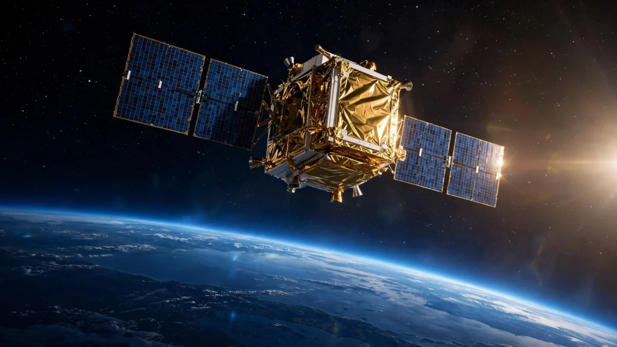 Artistic impression of Google's Project Suncatcher satellite with solar panels drifting in low Earth orbit above the Earth.