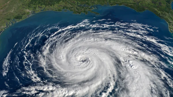 A massive tropical cyclone with a developing eye swirling over the Gulf of Mexico seen from above, with the US Gulf Coast coastline visible at the top
