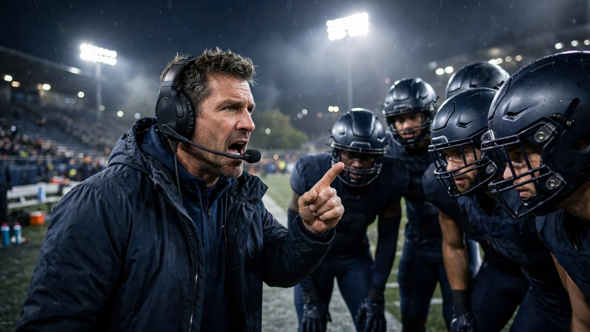 An American football head coach wearing a headset calling plays from the sideline under stadium floodlights during a night game.