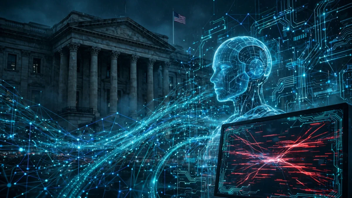 Editorial illustration of a holographic AI robot head probing a darkened US federal government building through streams of digital code, with a red warning glitch on a terminal screen