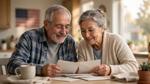 Elderly American couple reading official-looking mail at their kitchen table with a US flag in the background