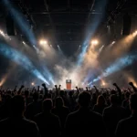 Packed campaign rally arena at night with a presidential-style podium on stage, American flags, and cheering crowd silhouettes