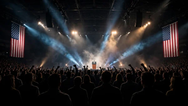 Packed campaign rally arena at night with a presidential-style podium on stage, American flags, and cheering crowd silhouettes