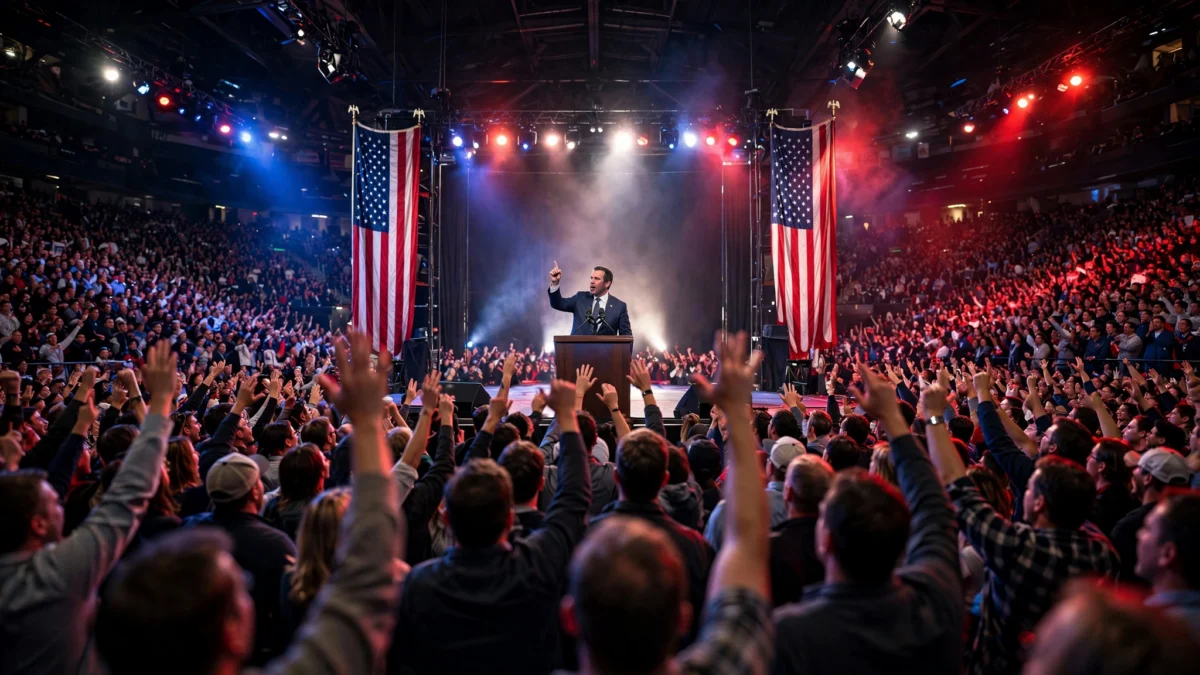 Packed political campaign rally with a speaker at a podium and American flags on both sides of the stage