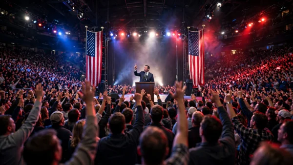 Packed political campaign rally with a speaker at a podium and American flags on both sides of the stage