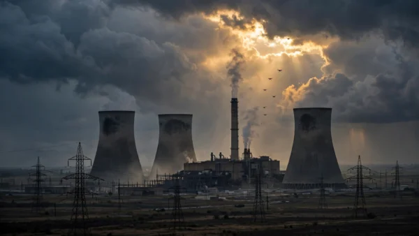 Power station with cooling towers and transmission lines under storm clouds breaking to sunlight at dusk, with distant drones in the sky.
