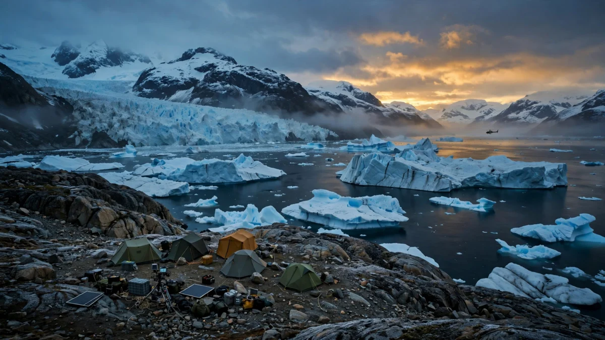 Photorealistic view of an Arctic Greenland coastline at dusk with icebergs, a glacier and a small geological survey camp on the rocky shore