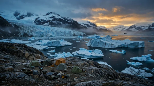 Photorealistic view of an Arctic Greenland coastline at dusk with icebergs, a glacier and a small geological survey camp on the rocky shore
