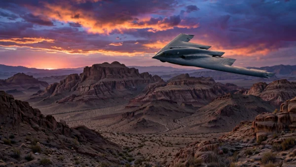B-2 Spirit stealth bomber flying at dusk over desert mountains — illustration for the story on Trump's "leakers should be shot" remarks about the alleged Iran strike leak.