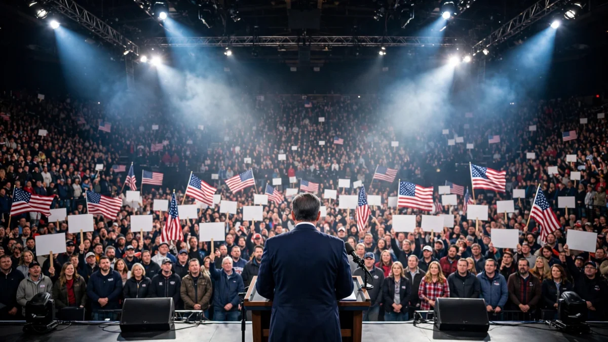 Photorealistic editorial image of a US presidential figure seen from behind at a podium on a brightly lit stage, addressing a packed indoor campaign rally arena with supporters waving American flags and blank placards, dramatic stage lights overhead.