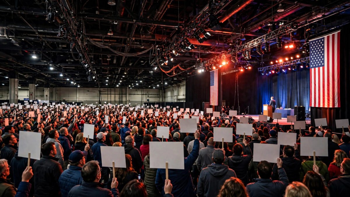 Photorealistic editorial illustration of a packed campaign rally inside a large convention center: a speaker at a podium on stage with large American flags, and a crowd holding blank placards, no text anywhere in the image.