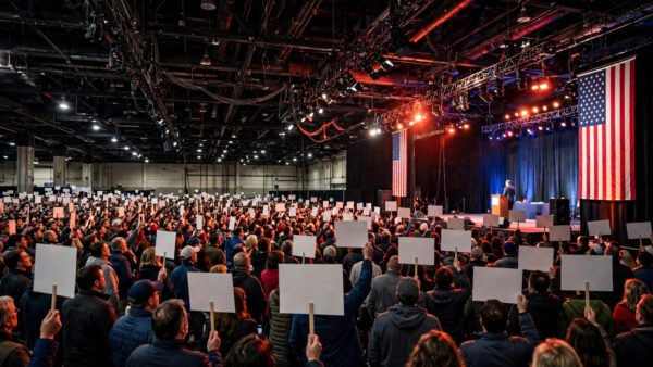 Photorealistic editorial illustration of a packed campaign rally inside a large convention center: a speaker at a podium on stage with large American flags, and a crowd holding blank placards, no text anywhere in the image.